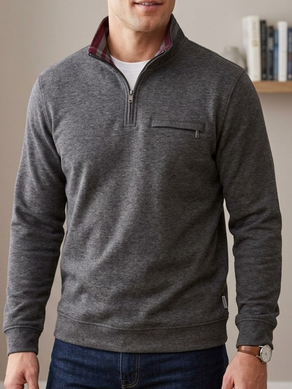 Ted Baker London Men's Charcoal Gray Zip-Up Sweater with Maroon Collar Trim